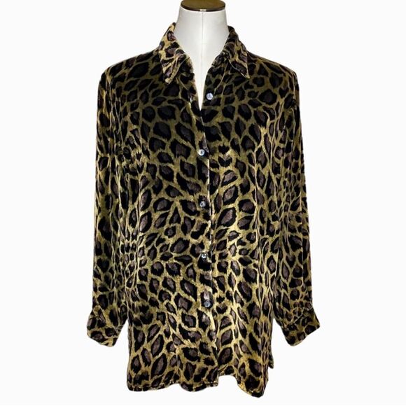 Denim & Co. Velvet Leopard Print Button Down Shirt - Picture 1 of 7